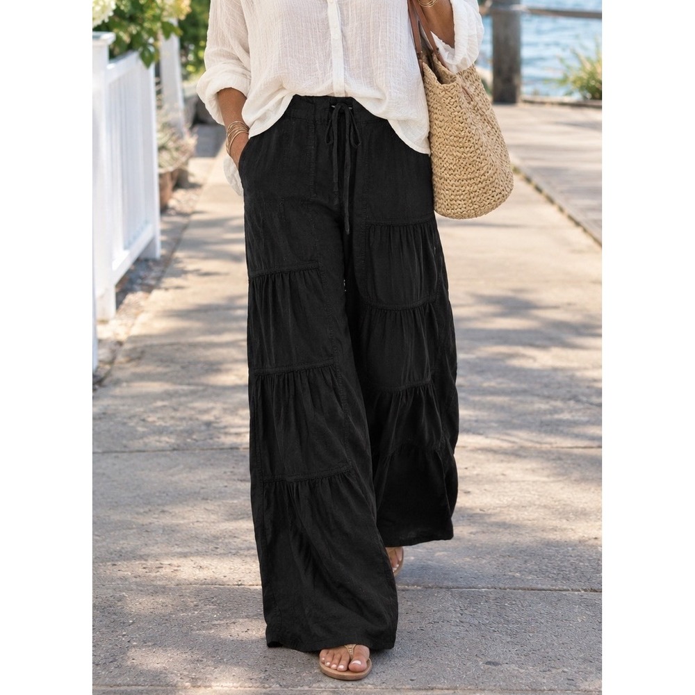 Soft Surroundings Tiered Wide Leg Cotton Palazzo Boho Black Pants Womens Medium
